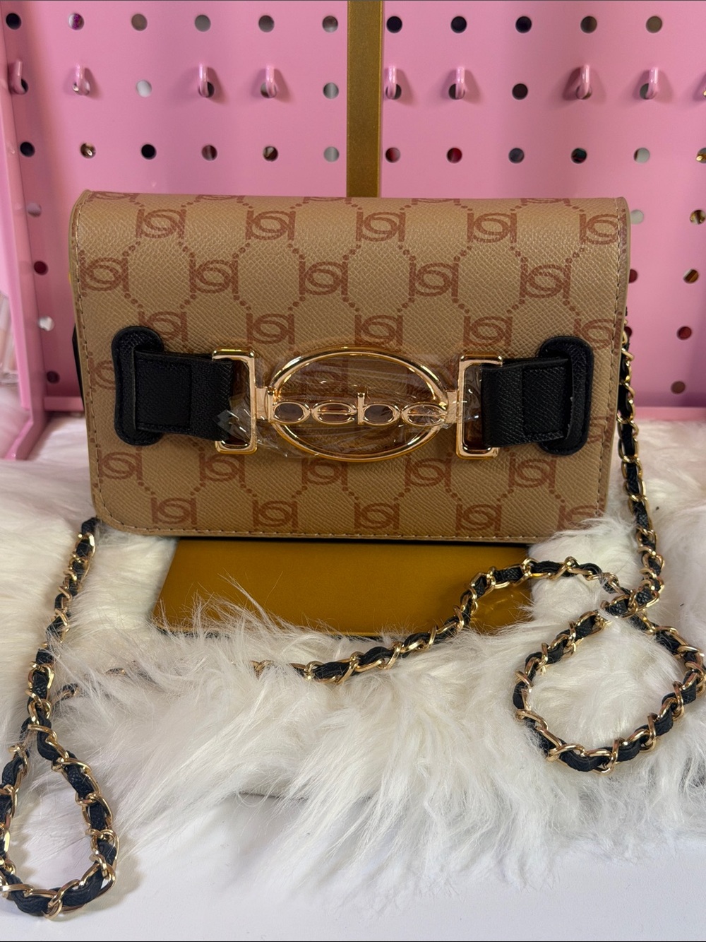 Bebe Beige Chain Crossbody Shoulder Bag with Gold Hardware